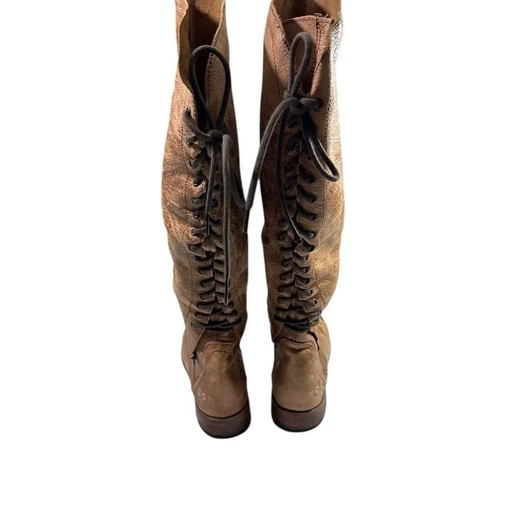 Bed Stu Benchmade Tan Knee-High Lace—Up Back Leather Boots size 8